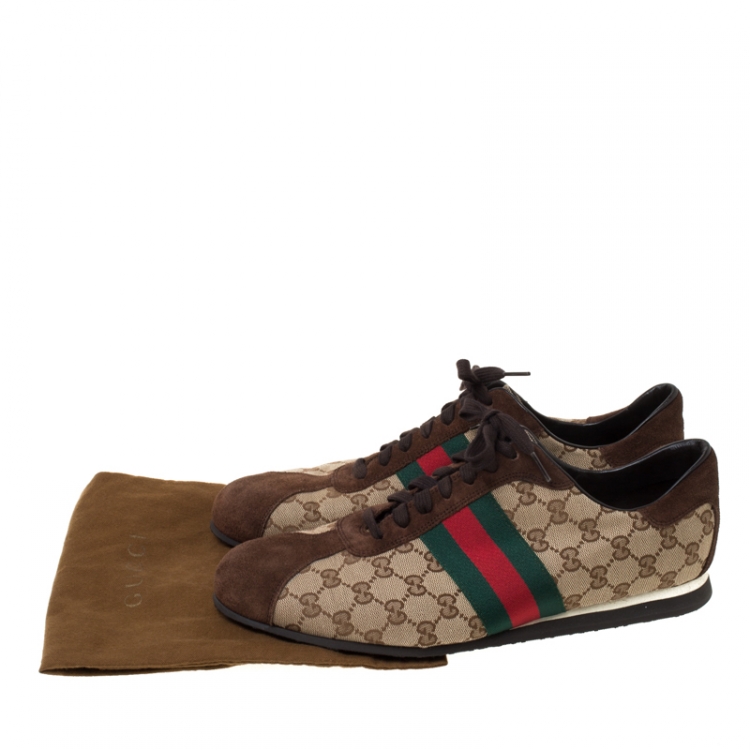 Pre Owned Gucci Beige/Brown GG Canvas and Suede Classic Web Lace Up Sneakers Size 45.5