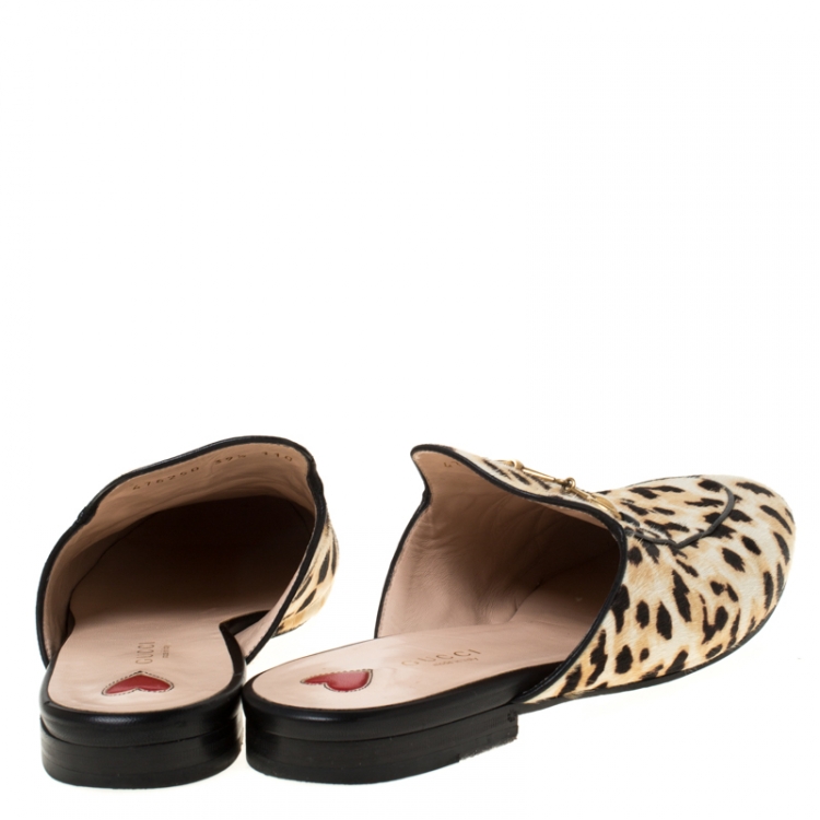 Pre Owned Gucci Beige Leopard Print Calfhair Princetown Horsebit Mules Size 39.5