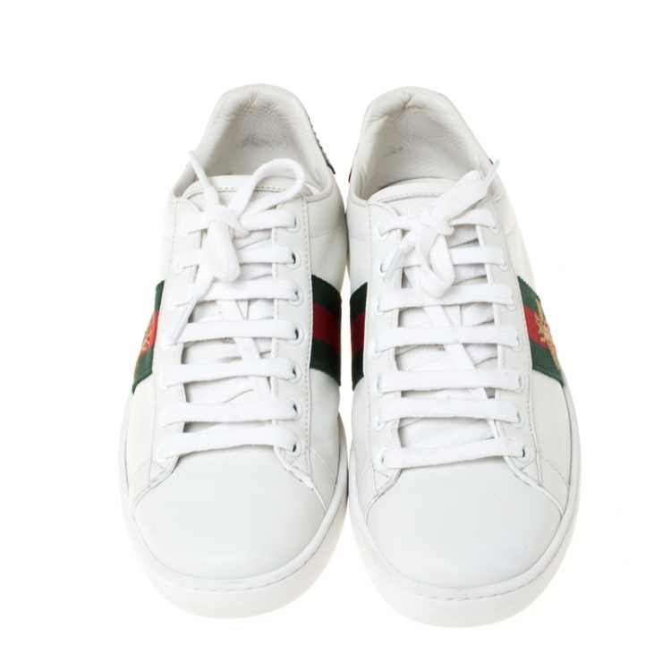 Pre Owned Gucci White Leather Ace Embroidered Bee Low Top Sneakers Size 37