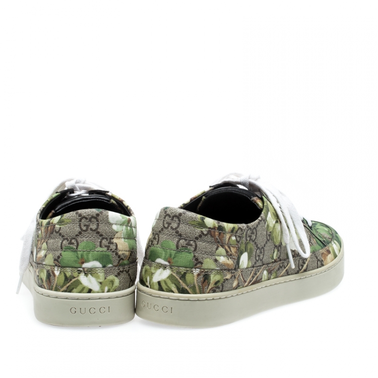 Pre Owned Gucci Green/Beige Bloom Print GG Supreme Canvas Lace Up Low Top  Sneaker Size 43