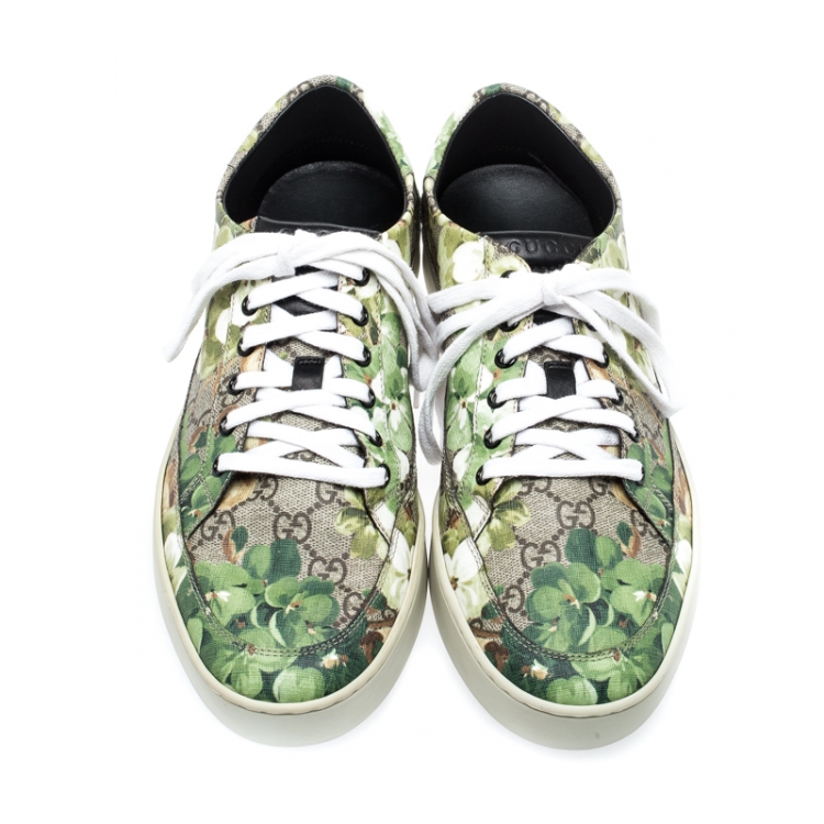 Pre Owned Gucci Green/Beige Bloom Print GG Supreme Canvas Lace Up Low Top  Sneaker Size 43