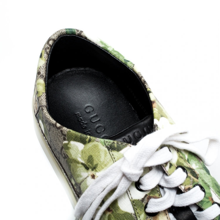 Pre Owned Gucci Green/Beige Bloom Print GG Supreme Canvas Lace Up Low Top  Sneaker Size 43
