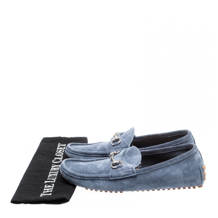 Pre Owned Gucci Blue Suede Horsebit Loafers Size 41.5