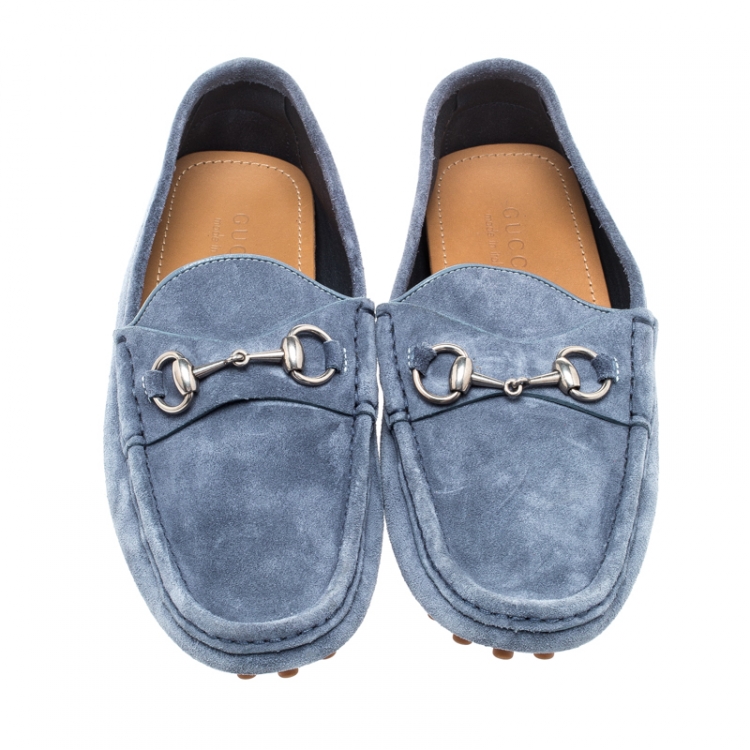 Pre Owned Gucci Blue Suede Horsebit Loafers Size 41.5
