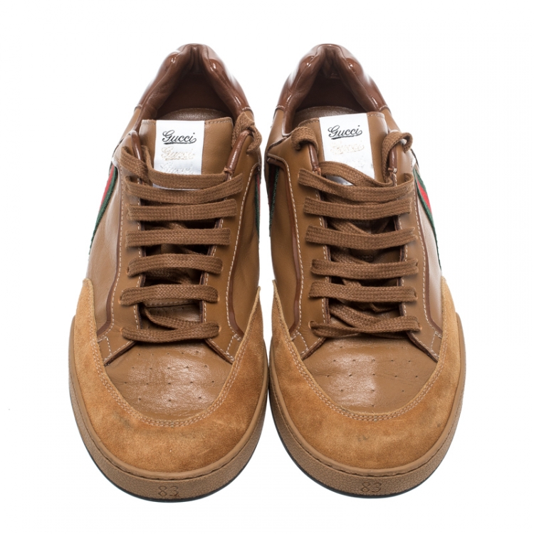 Pre Owned Gucci Brown Web Leather and Suede Tennis 83 Lace Up Sneakers Size 40
