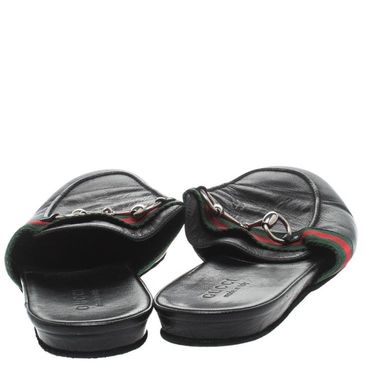 Pre Owned Gucci Black Leather Web Horsebit Slip On Slippers Size 43