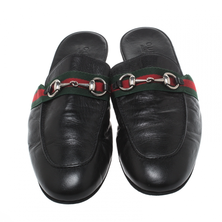 Pre Owned Gucci Black Leather Web Horsebit Slip On Slippers Size 43