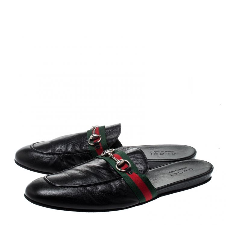 Pre Owned Gucci Black Leather Web Horsebit Slip On Slippers Size 43