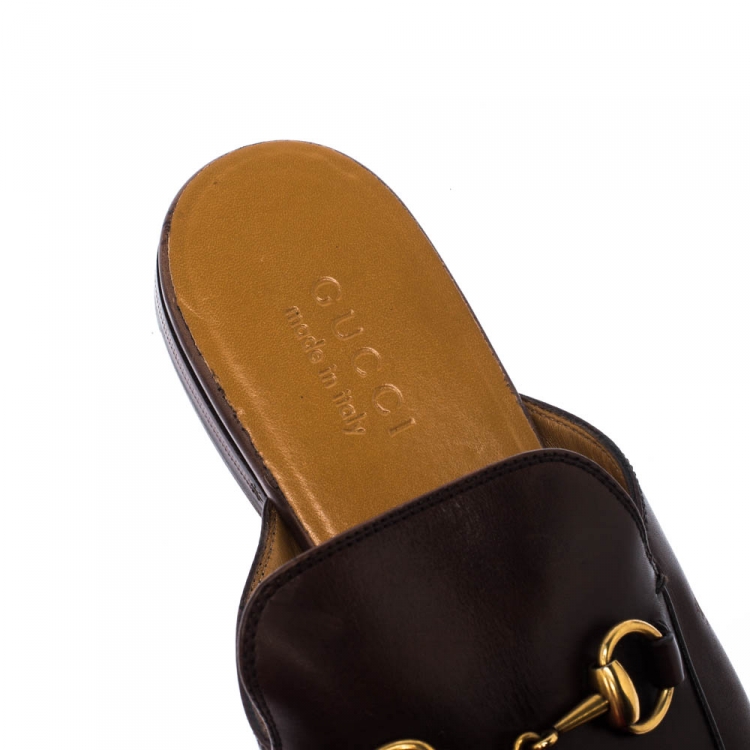 Pre Owned Gucci Brown Leather Horsebit Slip On Slippers Size 42