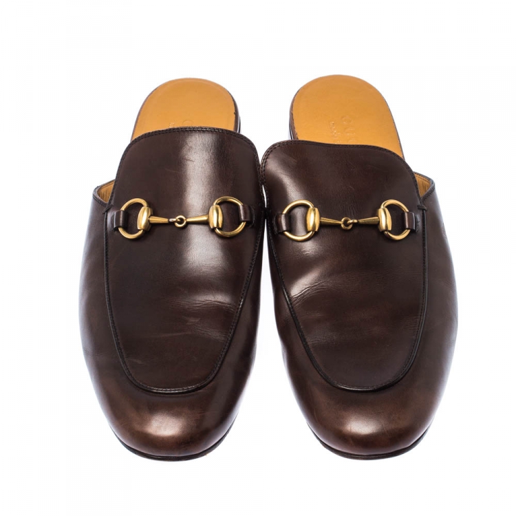 Pre Owned Gucci Brown Leather Horsebit Slip On Slippers Size 42