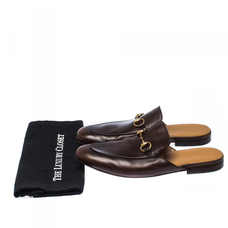 Pre Owned Gucci Brown Leather Horsebit Slip On Slippers Size 42