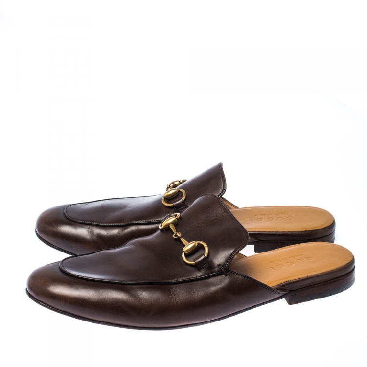 Pre Owned Gucci Brown Leather Horsebit Slip On Slippers Size 42
