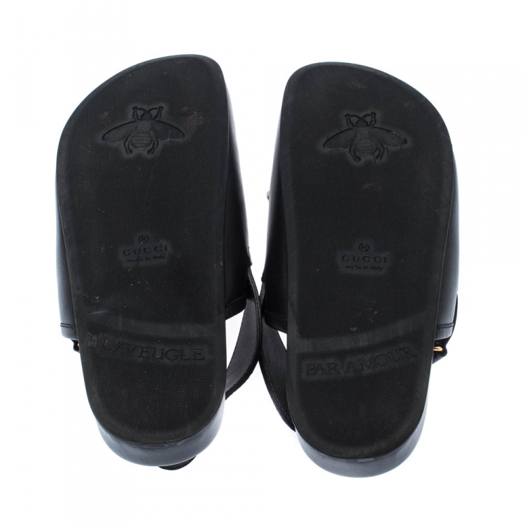 Pre Owned Gucci Black Appliques Leather Horsebit River Slingback Slippers Size 42