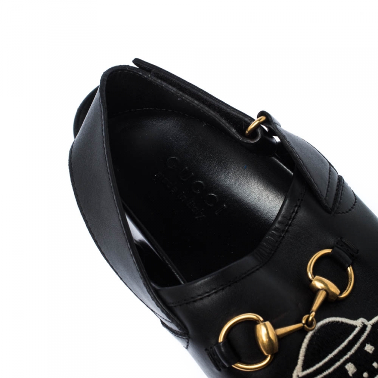 Pre Owned Gucci Black Appliques Leather Horsebit River Slingback Slippers Size 42