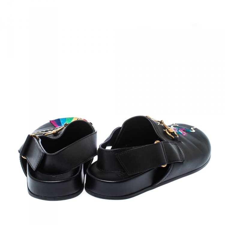 Pre Owned Gucci Black Appliques Leather Horsebit River Slingback Slippers Size 42