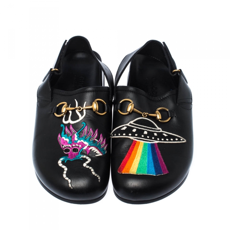 Pre Owned Gucci Black Appliques Leather Horsebit River Slingback Slippers Size 42
