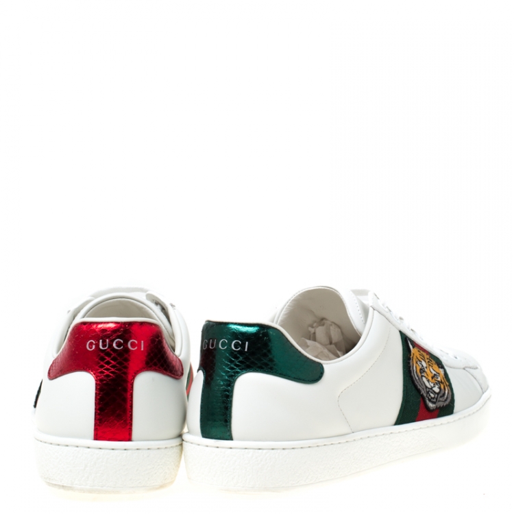 Pre Owned Gucci White Leather Ace Embroidered Tiger Low Top Sneakers Size 42
