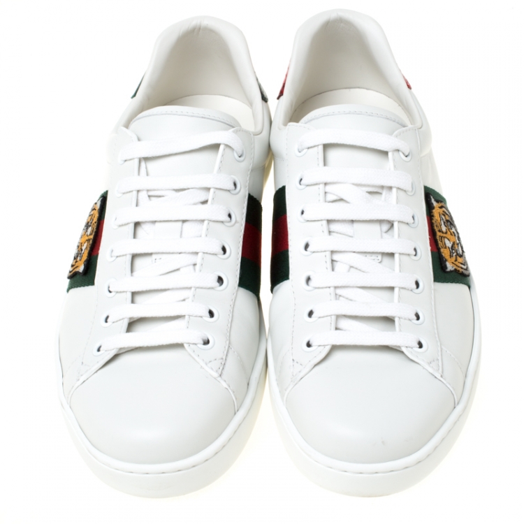 Pre Owned Gucci White Leather Ace Embroidered Tiger Low Top Sneakers Size 42