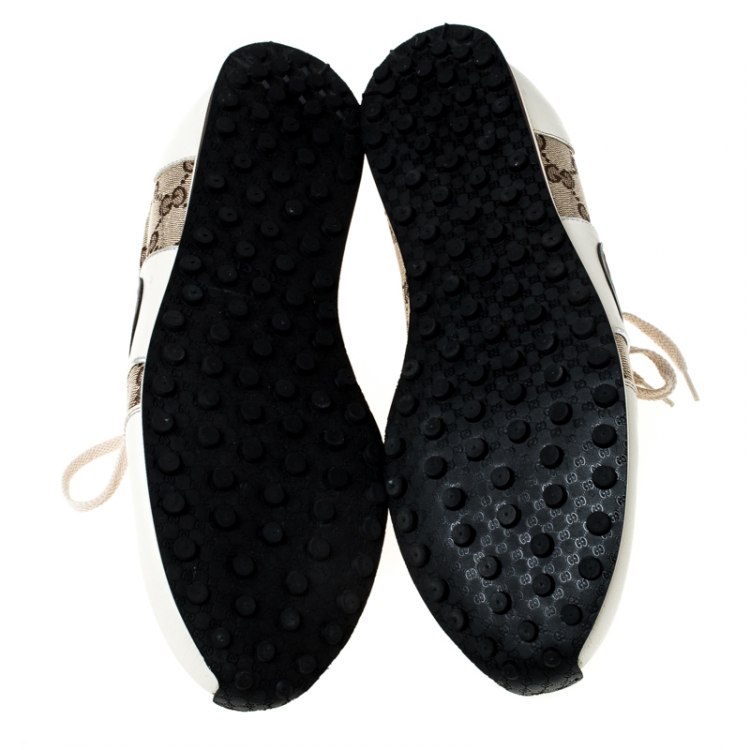 Pre Owned Gucci White Leather And Beige Guccissima Canvas Interlocking GG Sneakers Size 43.5