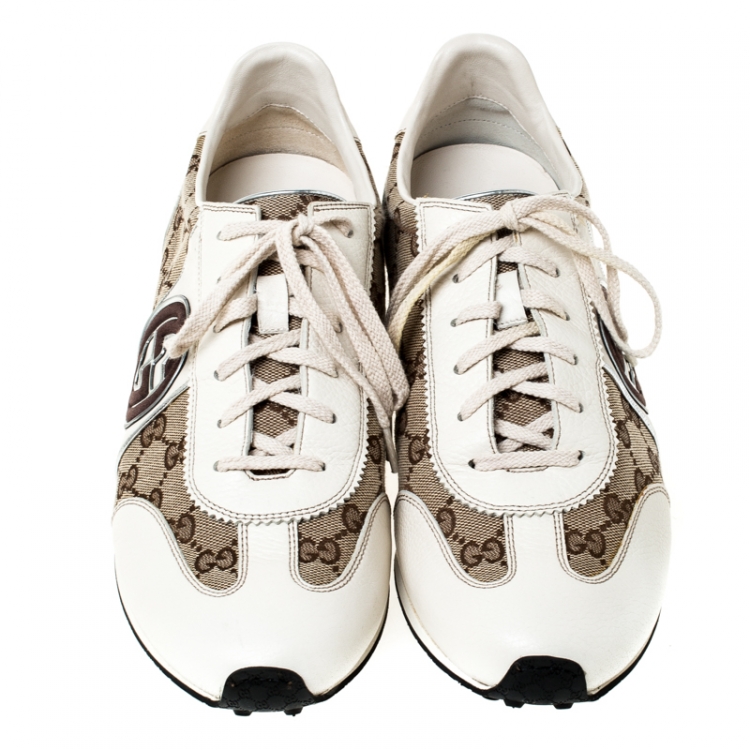Pre Owned Gucci White Leather And Beige Guccissima Canvas Interlocking GG Sneakers Size 43.5