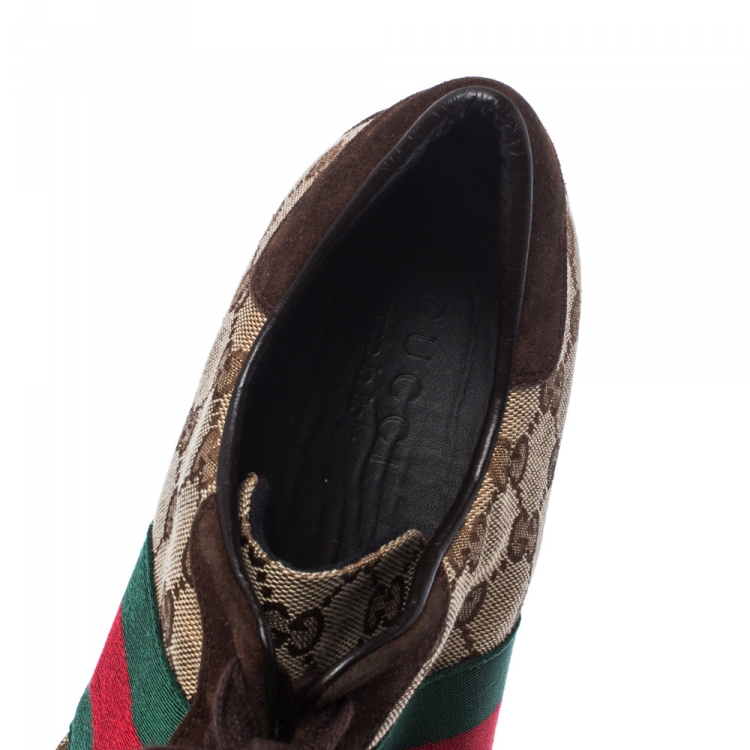 Pre Owned Gucci Beige/Brown GG Canvas And Suede Web Low Top Sneakers Size 43