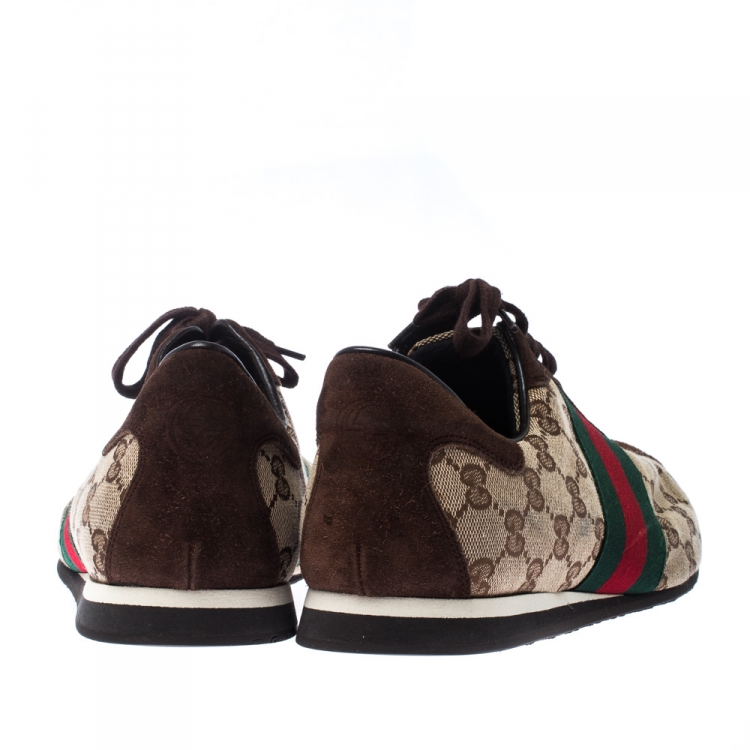 Pre Owned Gucci Beige/Brown GG Canvas And Suede Web Low Top Sneakers Size 43