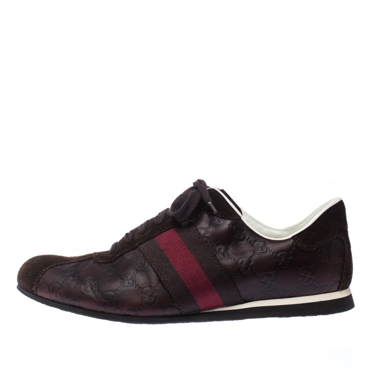 Pre Owned Gucci Brown GG Leather And Suede Web Low Top Sneakers Size 42.5
