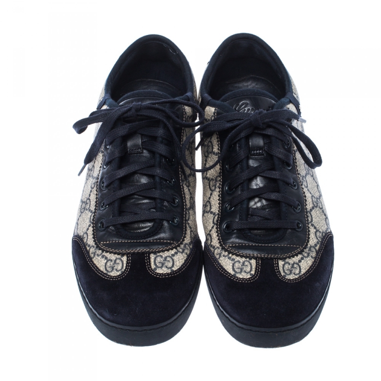Pre Owned Gucci White/Blue GG Canvas And Suede Low Top Sneakers Size 42