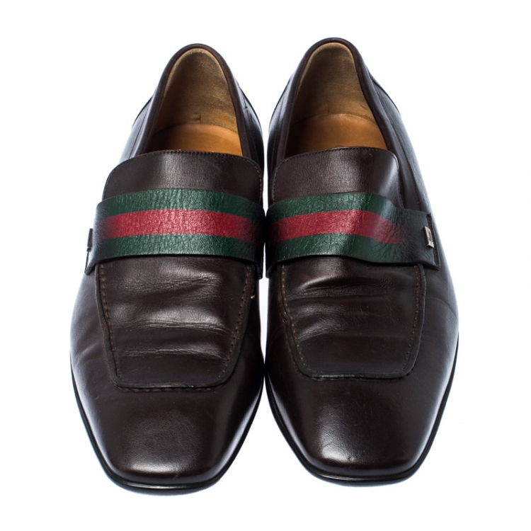 Pre Owned Gucci Brown Leather Web Slip On Loafers Size 41