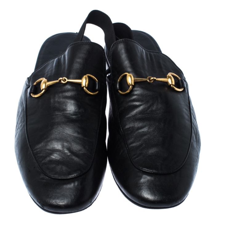 Pre Owned Gucci Black Horsebit Leather Princetown Slingback Mules Size 45
