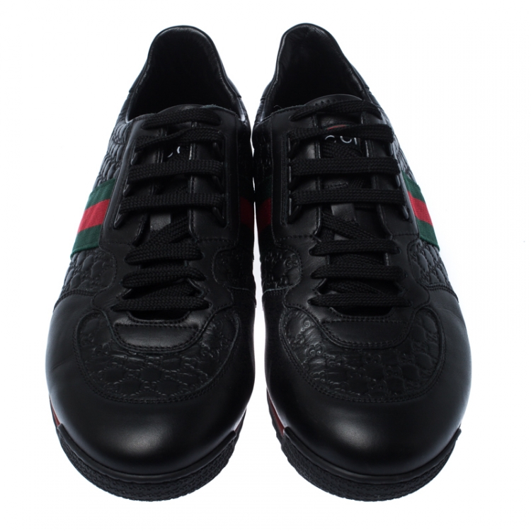 Pre Owned Gucci Black Microguccissima Leather Web Low Top Sneakers Size 43.5