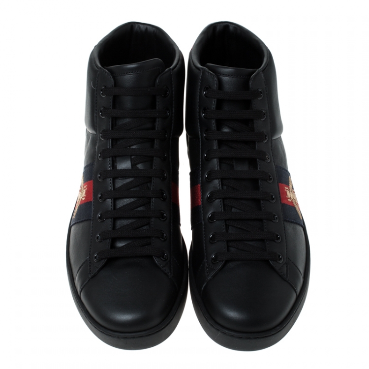 Pre Owned Gucci Black Leather Ace Web Bee High Top Lace Up Sneakers Size 41.5
