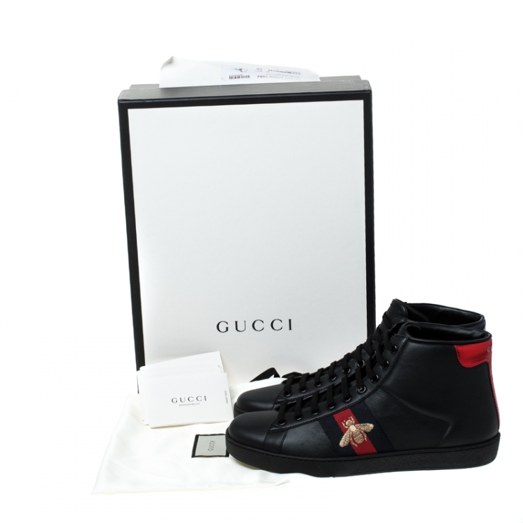 Pre Owned Gucci Black Leather Ace Web Bee High Top Lace Up Sneakers Size 41.5