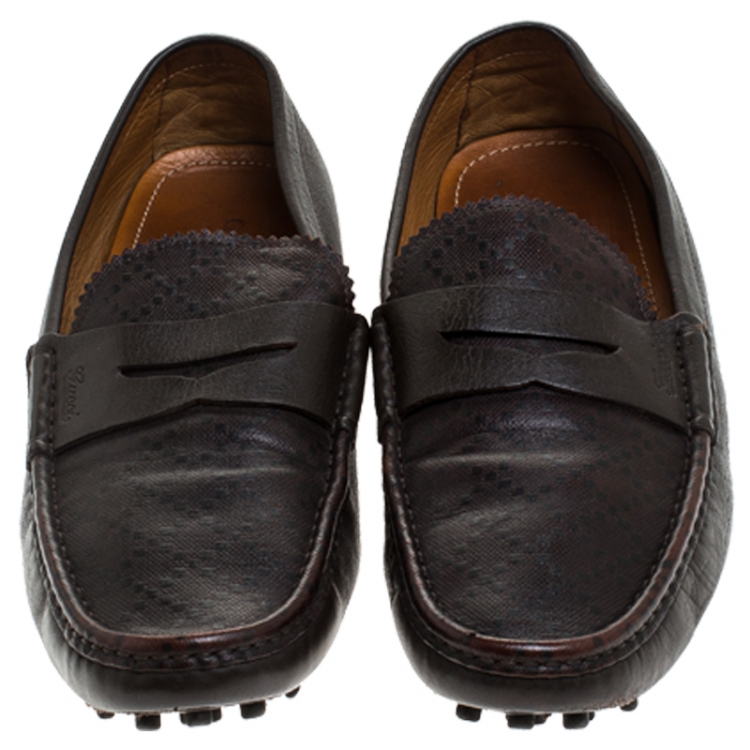 Pre Owned Gucci Brown Leather Penny Slip On Loafers Size 44.5 