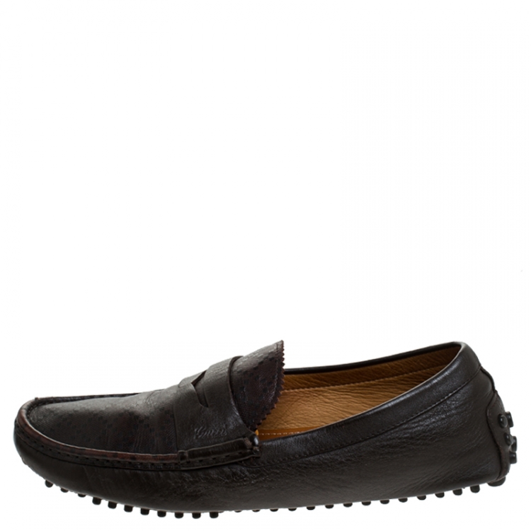 Pre Owned Gucci Brown Leather Penny Slip On Loafers Size 44.5 