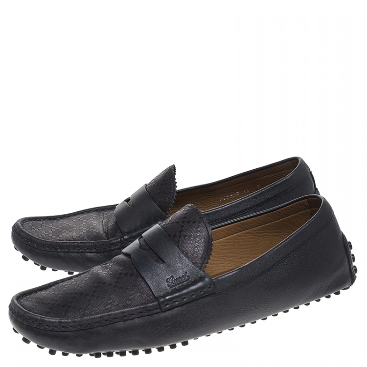 Pre Owned Gucci Black Diamante Leather Slip On Loafers Size 45
