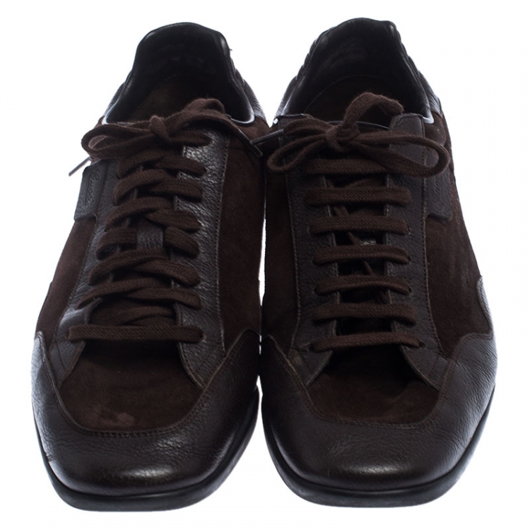 Pre Owned Gucci Brown Dark Suede and Leather Lace-up Low Top Sneakers Size 44
