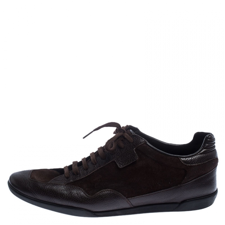 Pre Owned Gucci Brown Dark Suede and Leather Lace-up Low Top Sneakers Size 44