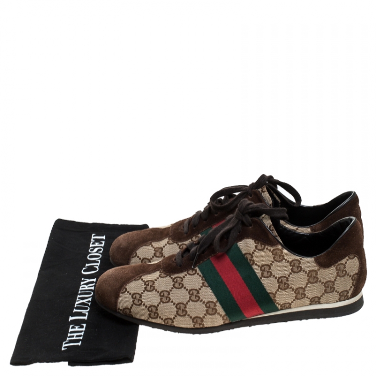 Pre Owned Gucci Beige Canvas and Suede Guccisima Web Detail Sneakers Size 43.5