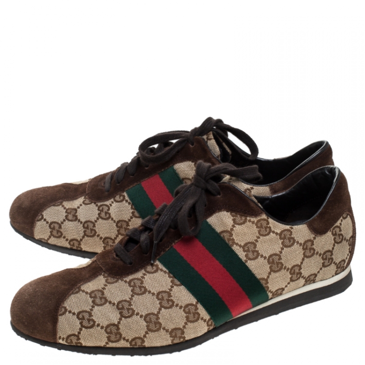 Pre Owned Gucci Beige Canvas and Suede Guccisima Web Detail Sneakers Size 43.5