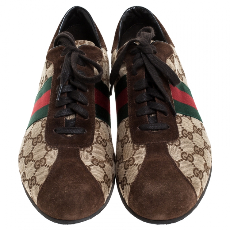 Pre Owned Gucci Beige Canvas and Suede Guccisima Web Detail Sneakers Size 43.5