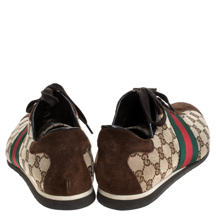 Pre Owned Gucci Beige Canvas and Suede Guccisima Web Detail Sneakers Size 43.5