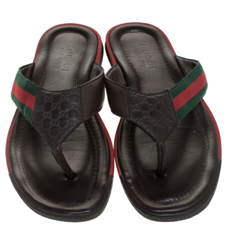 Pre Owned Gucci Brown GG Leather Web Detail Thong Flats Size 42.5