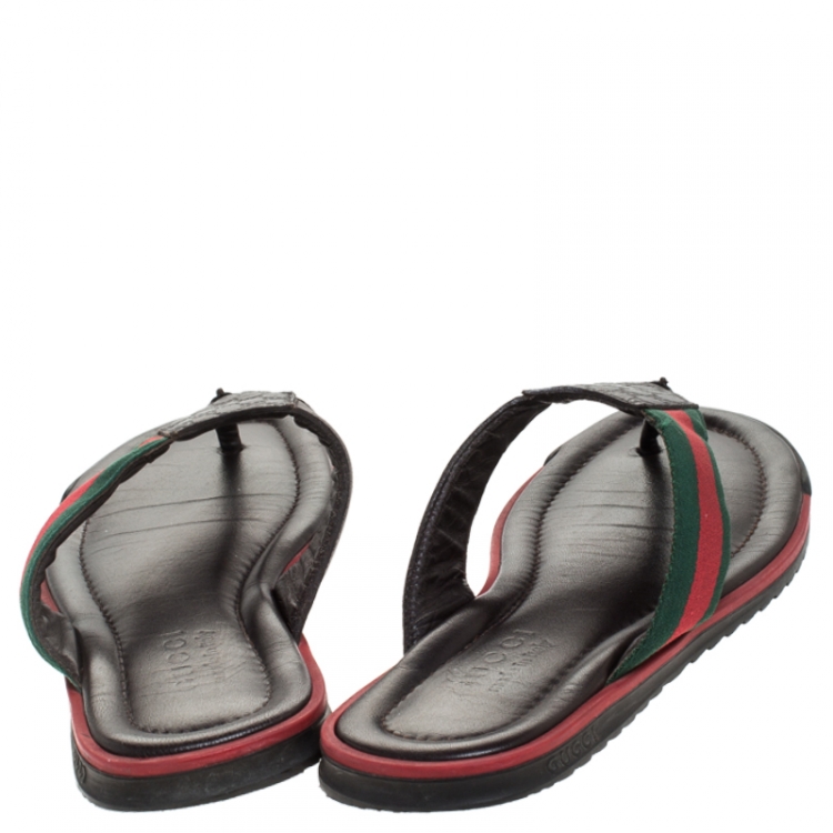 Pre Owned Gucci Brown GG Leather Web Detail Thong Flats Size 42.5