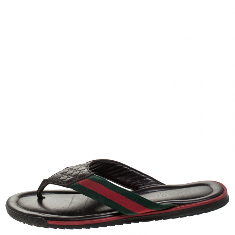 Pre Owned Gucci Brown GG Leather Web Detail Thong Flats Size 42.5