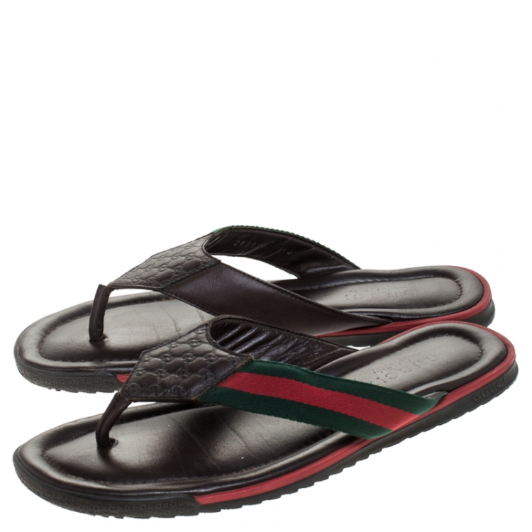 Pre Owned Gucci Brown GG Leather Web Detail Thong Flats Size 42.5