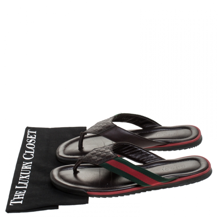 Pre Owned Gucci Brown GG Leather Web Detail Thong Flats Size 42.5