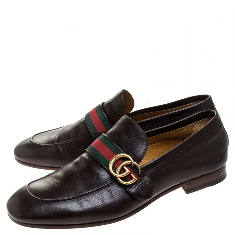 Pre Owned Gucci Brown Leather GG Marmont Web Slip On Loafers Size 42.5