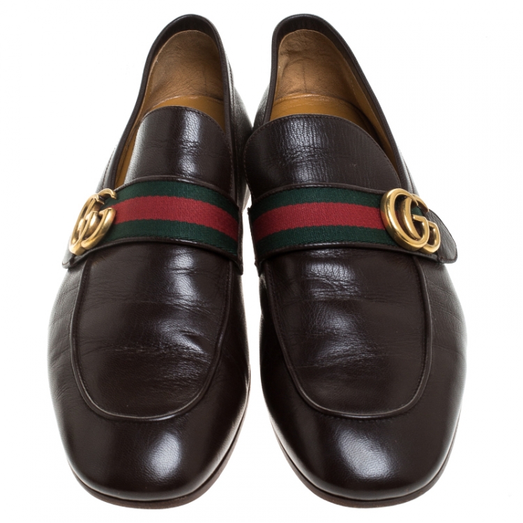 Pre Owned Gucci Brown Leather GG Marmont Web Slip On Loafers Size 42.5