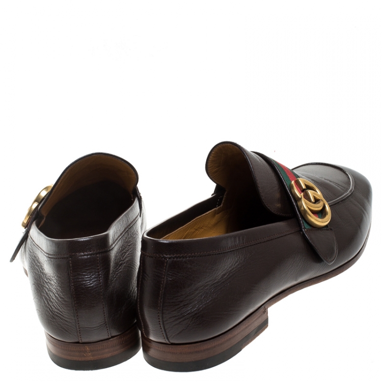 Pre Owned Gucci Brown Leather GG Marmont Web Slip On Loafers Size 42.5